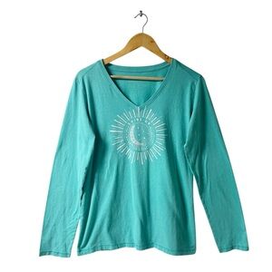 LIFE IS GOOD Starry Sun Long Sleeve T-Shirt Teal Sz M “Shine On” Cool Tee